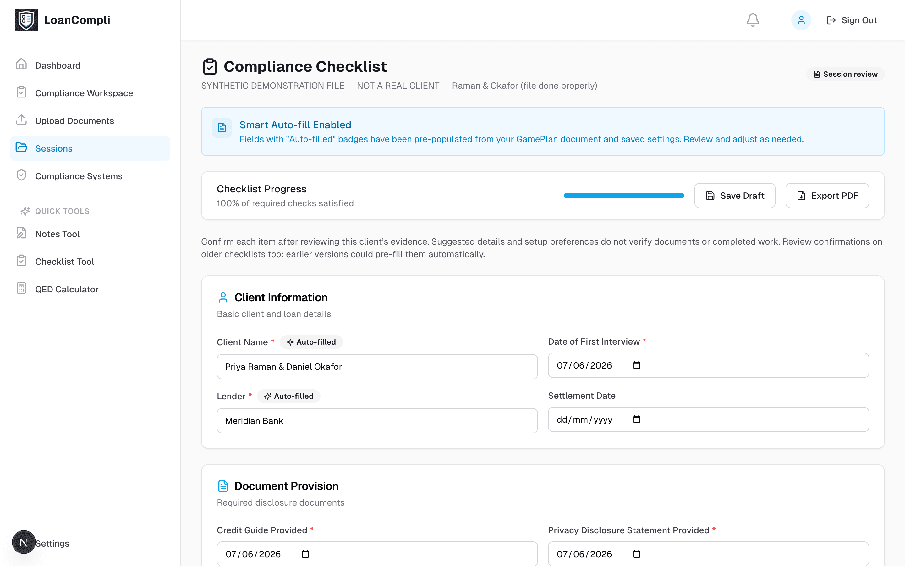 The compliance checklist at 96% complete, with client name and lender carrying “Auto-filled” badges and the disclosure dates recorded.