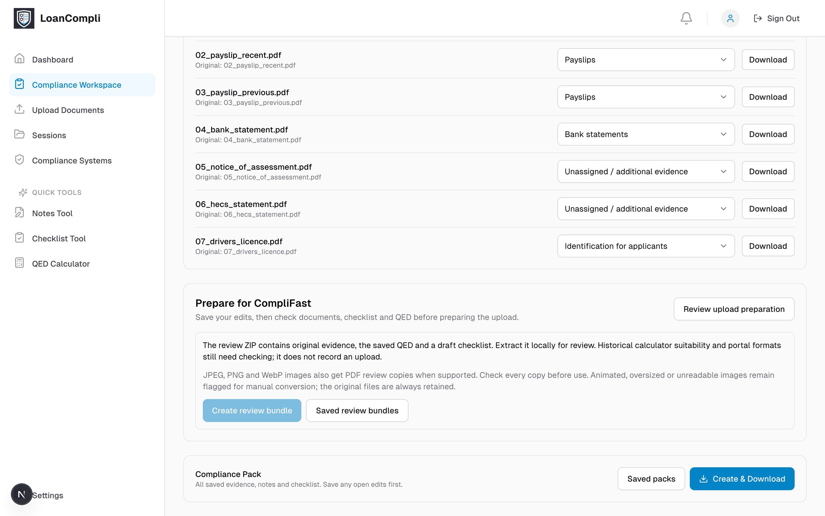 Saved documents with their assigned types, above the CompliFast preparation panel offering a review bundle and, once the checklist is complete, a compliance pack.